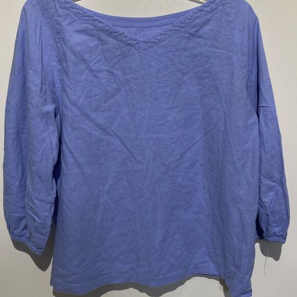 Loft Women's Blue V-Back Linen Blend Balloon Sleeve Pullover Blouse Size LP - Picture 5 of 9